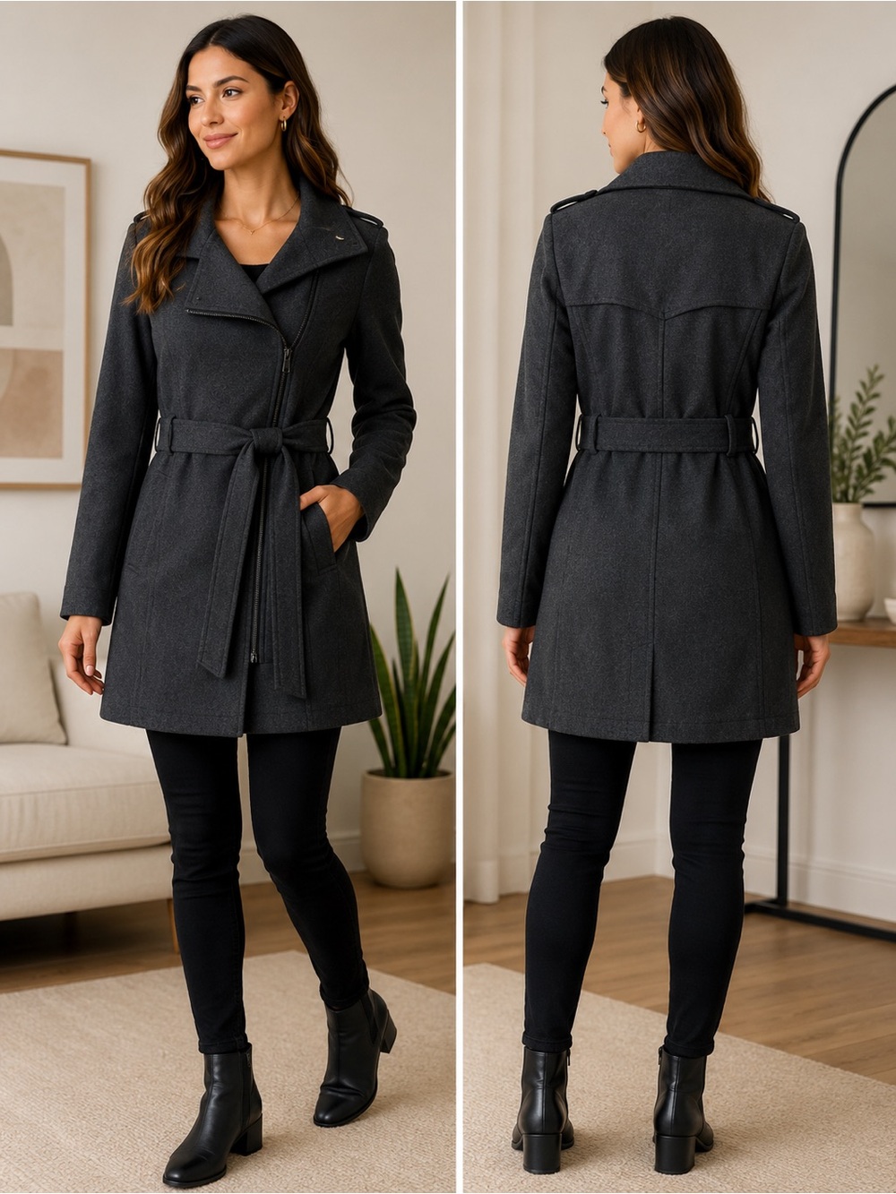 Nine West Dark Charcoal Wool-Blend Asymmetric Belted Trench Coat